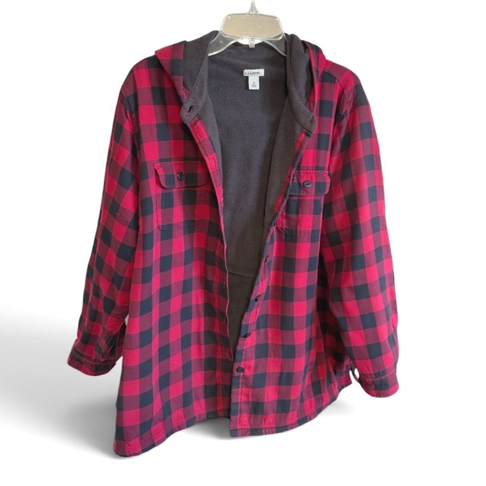L.L.Bean Fleece Lined Flannel Shirt Jacket Women 1X Red Buffalo Plaid Hooded